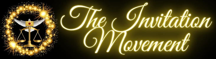Glowing gold banner with script text 'The Invitation Movement' and a glittery circle emblem with scales of justice on the left.