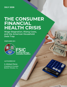 Cover of a report titled 'The Consumer Financial Health Crisis: Wage Stagnation, Rising Costs, and the American Household Debt Trap' with a green geometric overlay, hands counting cash, and a blue calculator on a wooden desk.