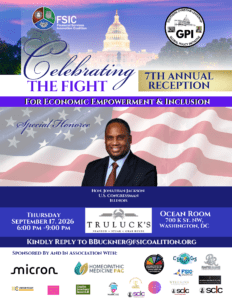 Poster advertising a 7th Annual Reception titled 'Celebrating the Fight for Economic Empowerment & Inclusion' with US Capitol, flags, and organization logos; includes a headshot of a smiling man in a suit at the bottom (no name shown).