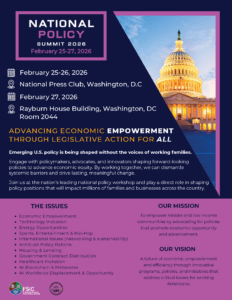 Poster for National Policy Summit 2026 with dates February 25–27, 2026 and venue details on a dark blue and pink layout.